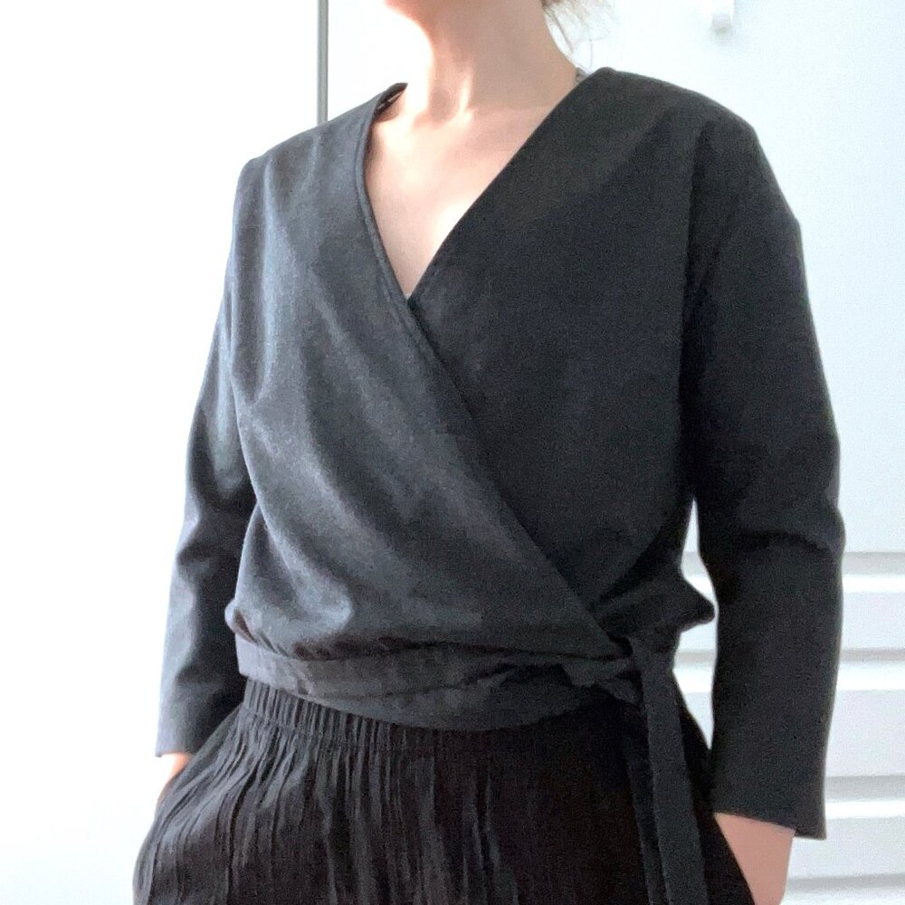 Classic Wrap V-Neck Blouse in Charcoal
